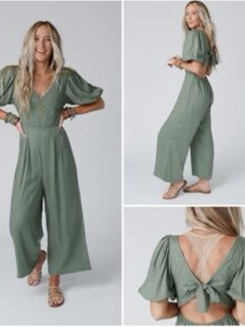Women's Sage Green Wide-Leg Jumpsuit with Tie Back